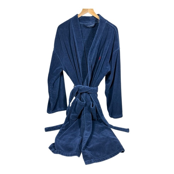 Polo Ralph Lauren Terry Cloth Robe Men's Small/Medium Belted Blue Logo Cotton - Picture 2 of 9